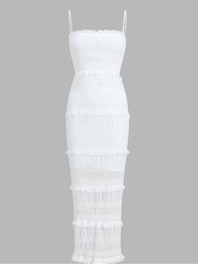 White Smocked Ruffle Midi Dress